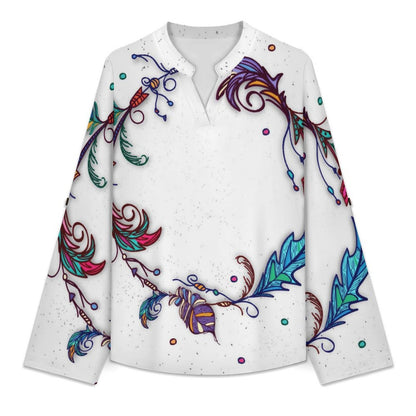 Stand-up Collar Long-sleeved Shirt Feathers  Customization Women’s V-Neck Blouses,long Sleeve,Roll-Up Sleeve Shirt