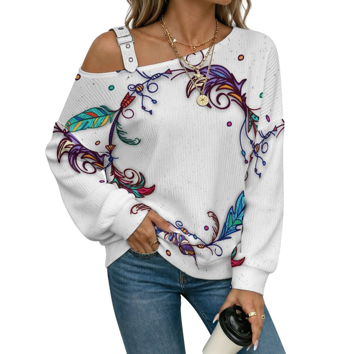Off-the-shoulder Sweater Feathers  Asymmetric Cold Shoulder Knit Sweater for Women, Adjustable Buckle Strap Long Sleeve Casual Slouchy Pullover