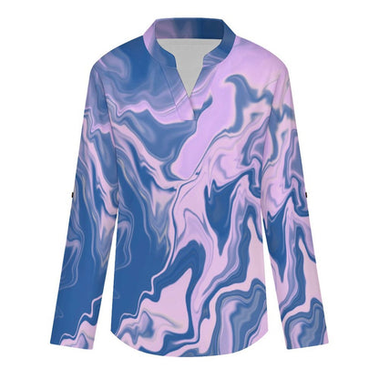 Stand-up Collar Long-sleeved Shirt Children, Bears, Pinecones  Customization Women’s V-Neck Blouses,long Sleeve,Roll-Up Sleeve Shirt