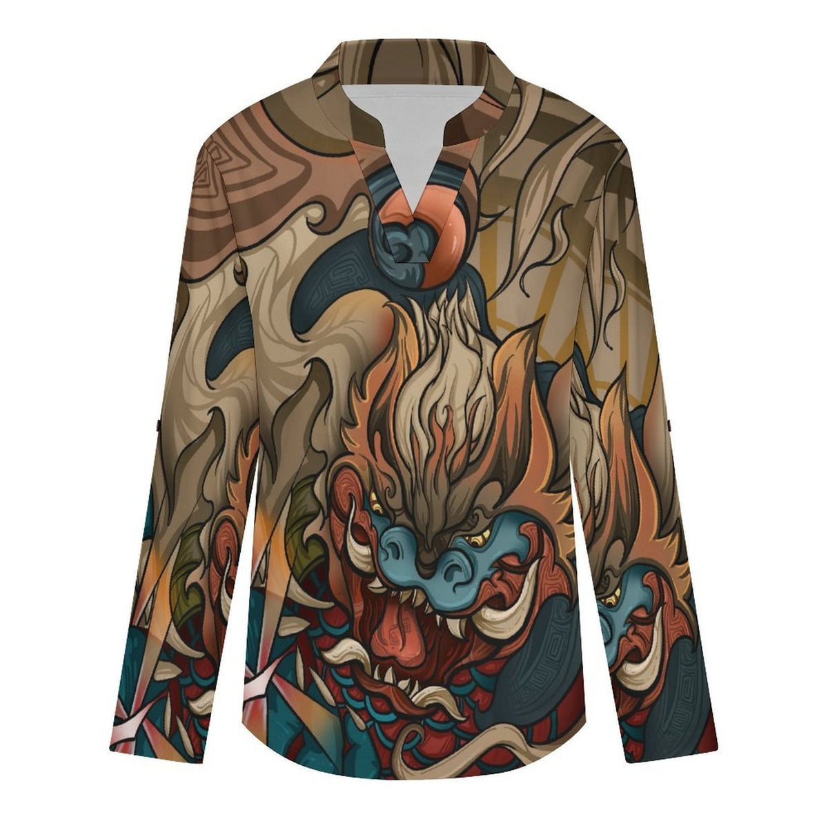 Stand-up Collar Long-sleeved Shirt Chinese, Animation, Nian Beast  Customization Women’s V-Neck Blouses,long Sleeve,Roll-Up Sleeve Shirt