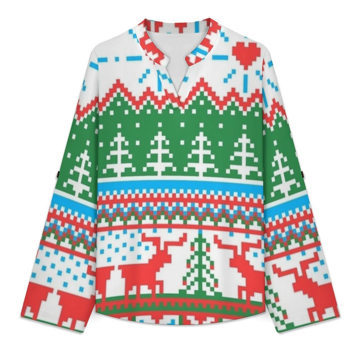 Stand-up Collar Long-sleeved Shirt Christmas Pattern  Customization Women’s V-Neck Blouses,long Sleeve,Roll-Up Sleeve Shirt