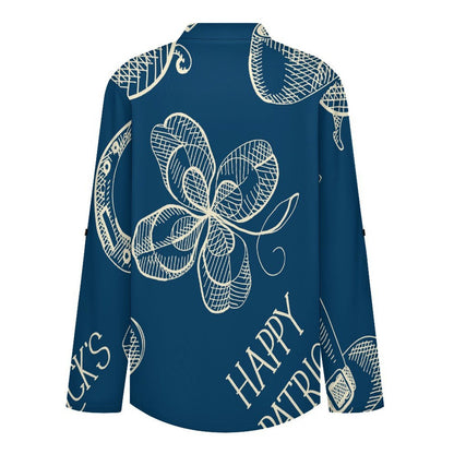 Stand-up Collar Long-sleeved Shirt Blue, St. Patrick's Day, Pattern  Customization Women’s V-Neck Blouses,long Sleeve,Roll-Up Sleeve Shirt