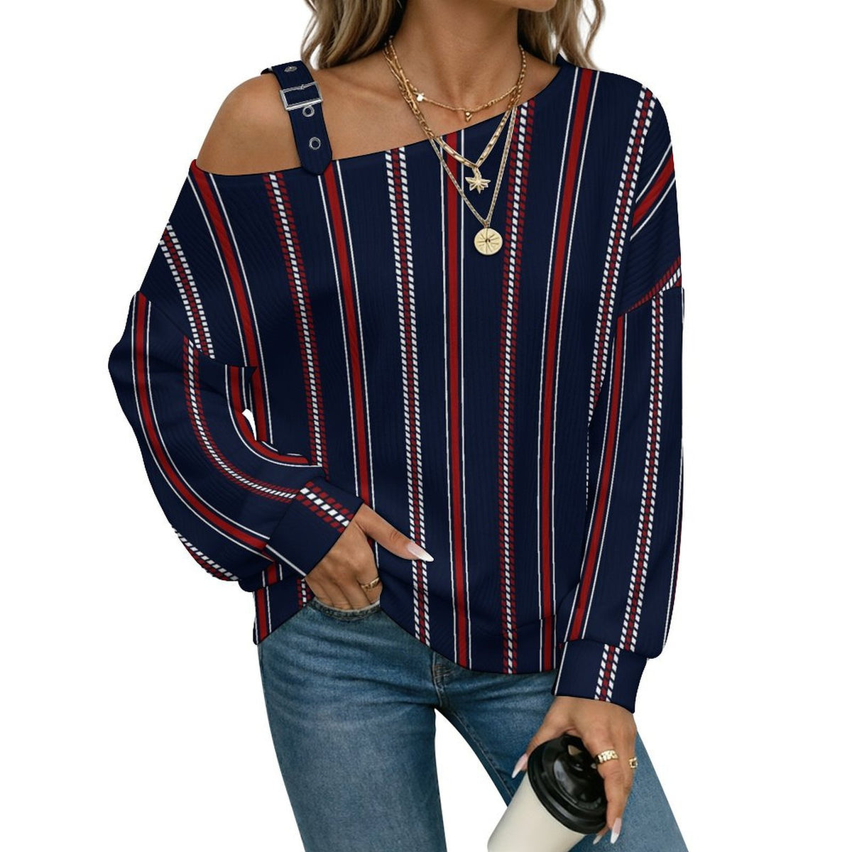 Off-the-shoulder Sweater Stripe  Asymmetric Cold Shoulder Knit Sweater for Women, Adjustable Buckle Strap Long Sleeve Casual Slouchy Pullover