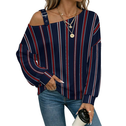 Off-the-shoulder Sweater Stripe  Asymmetric Cold Shoulder Knit Sweater for Women, Adjustable Buckle Strap Long Sleeve Casual Slouchy Pullover