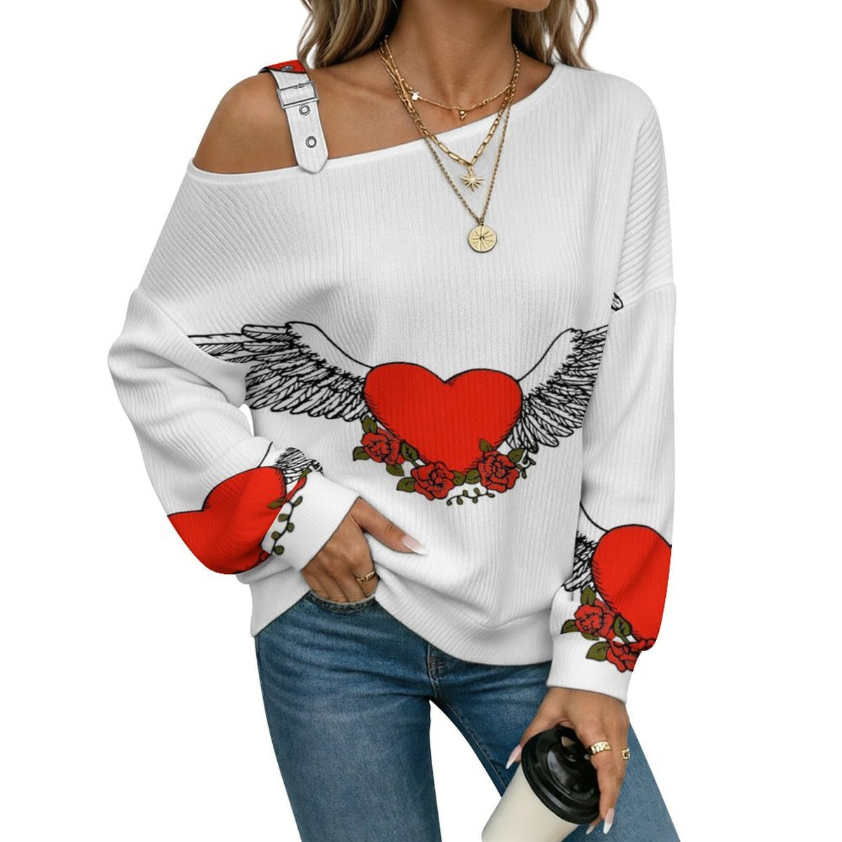 Off-the-shoulder Sweater Wing Heart  Asymmetric Cold Shoulder Knit Sweater for Women, Adjustable Buckle Strap Long Sleeve Casual Slouchy Pullover