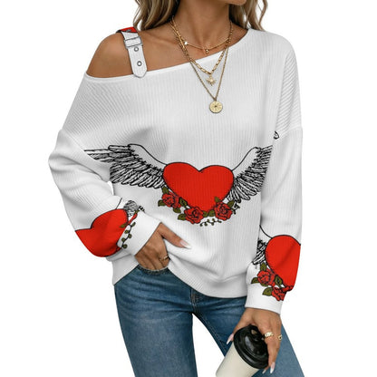 Off-the-shoulder Sweater Wing Heart  Asymmetric Cold Shoulder Knit Sweater for Women, Adjustable Buckle Strap Long Sleeve Casual Slouchy Pullover