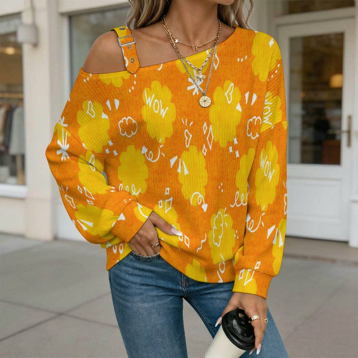 Off-the-shoulder Sweater Fried Popcorn,wow  Asymmetric Cold Shoulder Knit Sweater for Women, Adjustable Buckle Strap Long Sleeve Casual Slouchy Pullover