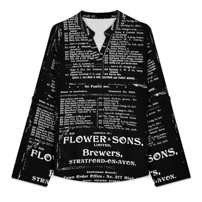 Stand-up Collar Long-sleeved Shirt Newspaper Vintage Dress white S Women’s V-Neck Blouses