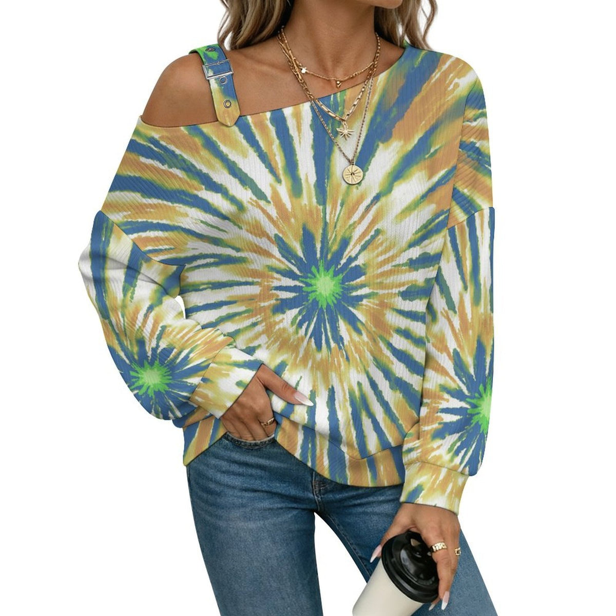 Fall Casual Asymmetric Shoulder Knit Top with Buckle Detail Tie-dye Radiation  Blue Yellow