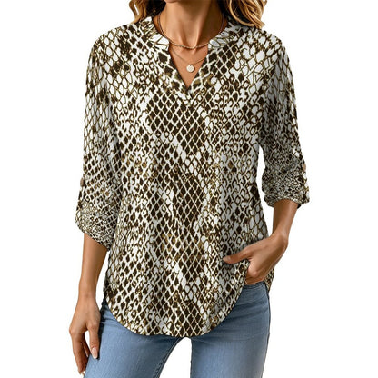 Stand-up Collar Long-sleeved Shirt Snake Skin  Customization Women’s V-Neck Blouses,long Sleeve,Roll-Up Sleeve Shirt