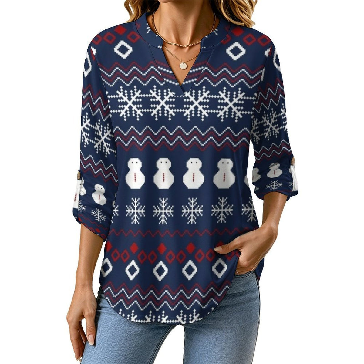Versatile Notched V-Neck Tunic  Roll Tab 3/4 Sleeve Office Casual Top  Christmas Pattern
