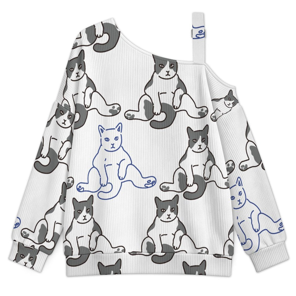 Off-the-shoulder Sweater Cat-lazy-paralyzed-arrogant-sign-black-white-repeat  Asymmetric Cold Shoulder Knit Sweater for Women, Adjustable Buckle Strap Long Sleeve Casual Slouchy Pullover