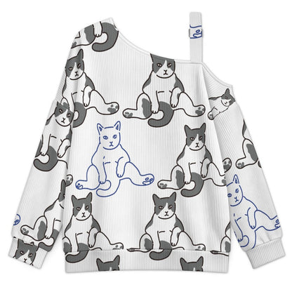 Off-the-shoulder Sweater Cat-lazy-paralyzed-arrogant-sign-black-white-repeat  Asymmetric Cold Shoulder Knit Sweater for Women, Adjustable Buckle Strap Long Sleeve Casual Slouchy Pullover