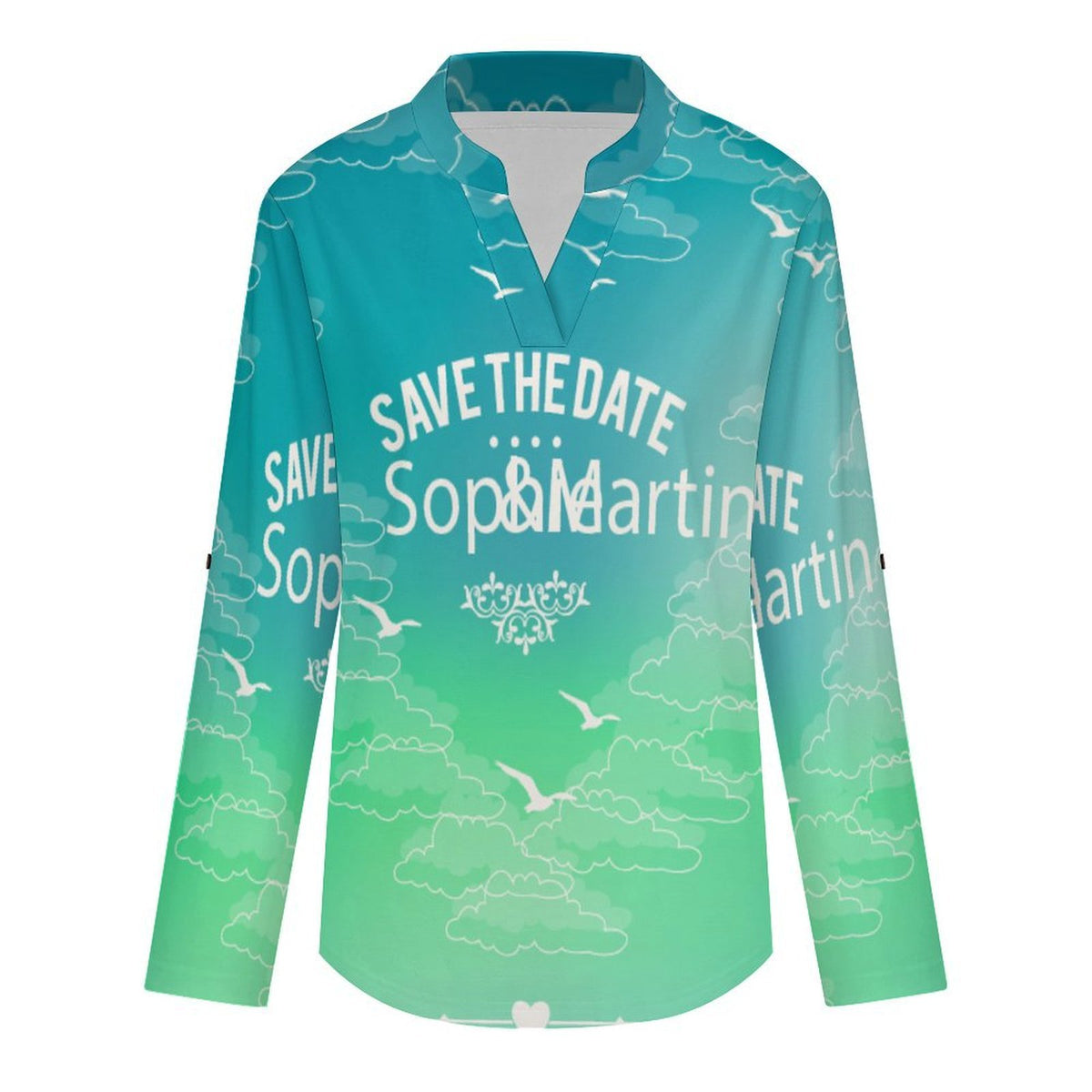 Stand-up Collar Long-sleeved Shirt Blue Green Tie Dyeing  Customization Women’s V-Neck Blouses,long Sleeve,Roll-Up Sleeve Shirt