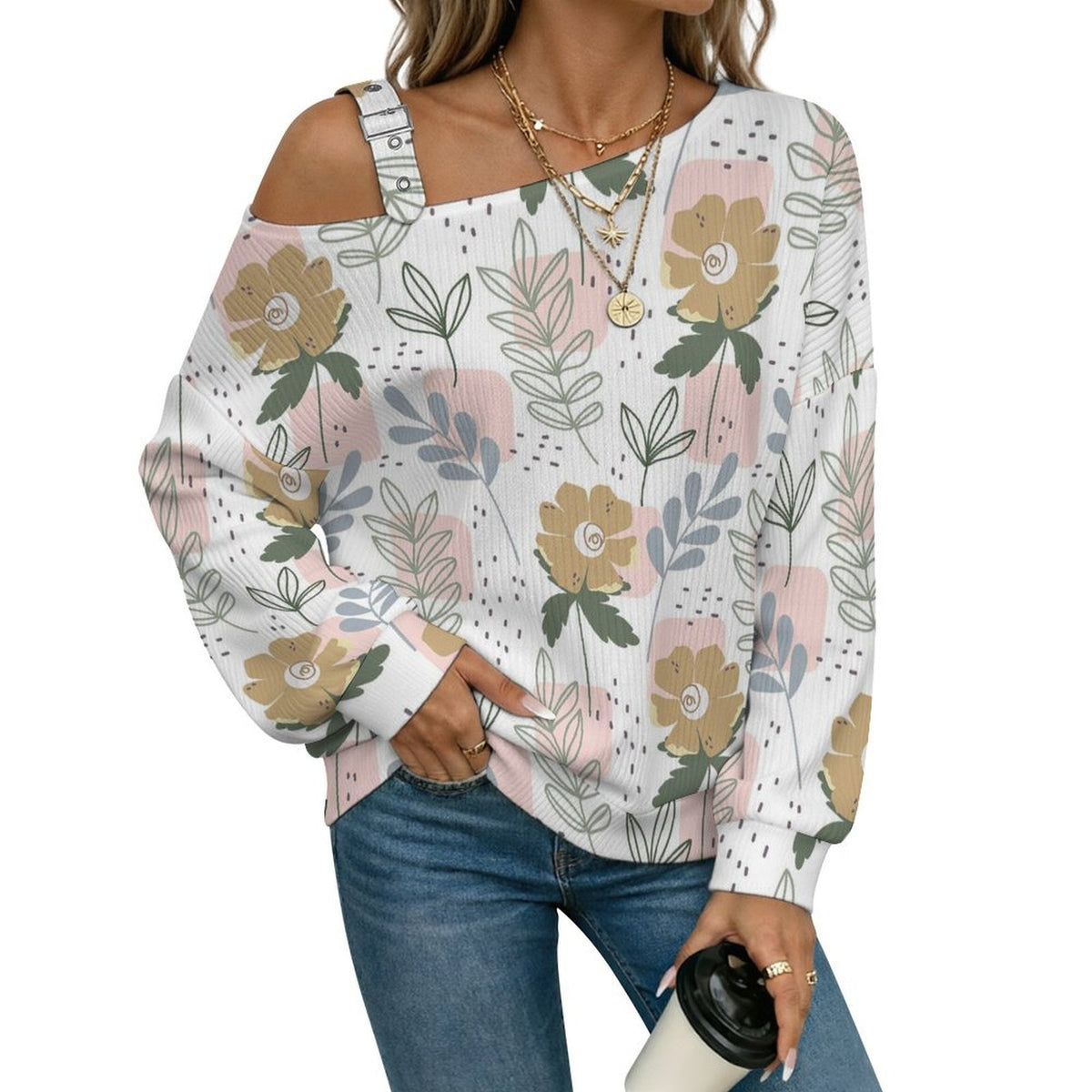 Off-the-shoulder Sweater Floral Pattern  Asymmetric Cold Shoulder Knit Sweater for Women, Adjustable Buckle Strap Long Sleeve Casual Slouchy Pullover