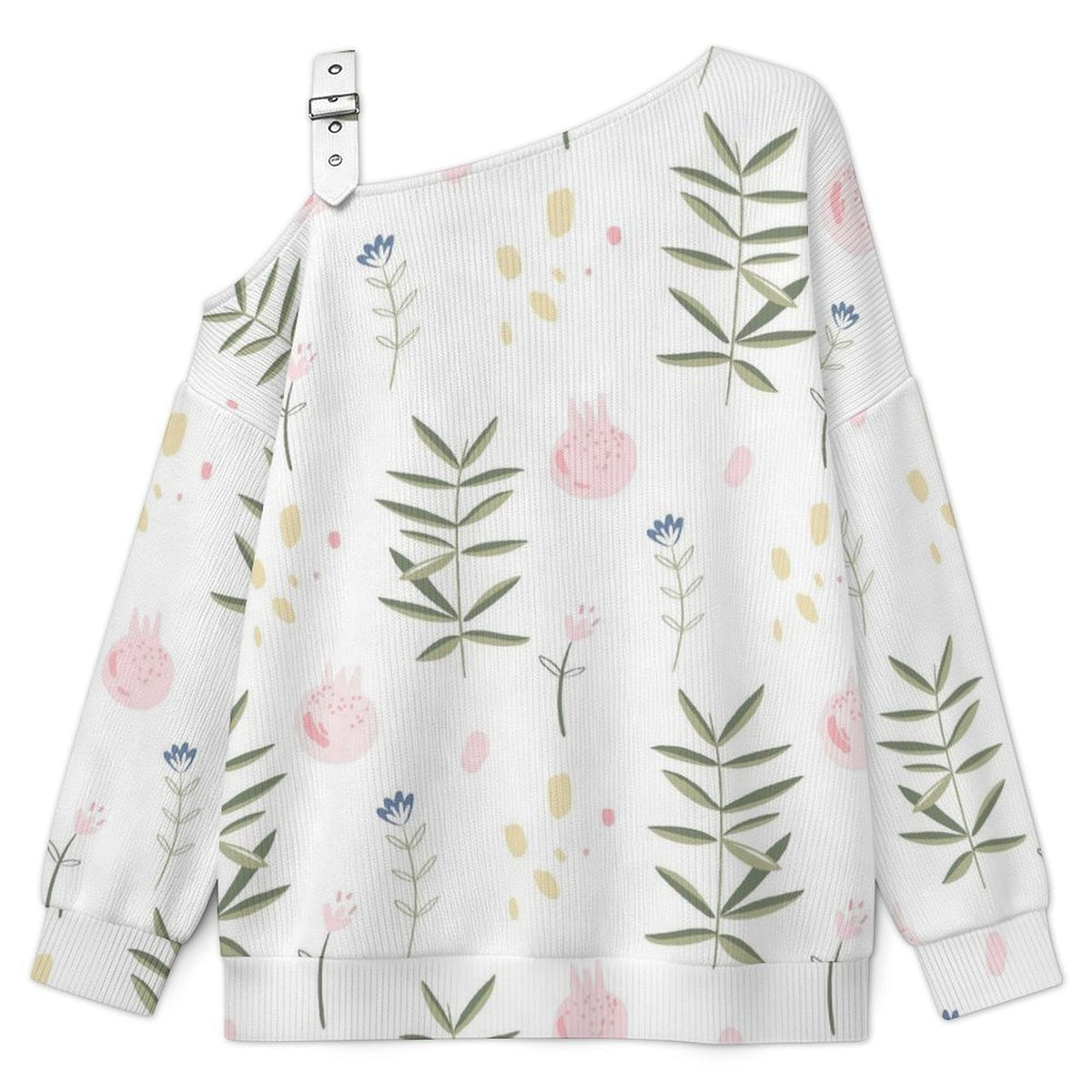 Off-the-shoulder Sweater Flowers Background  Asymmetric Cold Shoulder Knit Sweater for Women, Adjustable Buckle Strap Long Sleeve Casual Slouchy Pullover