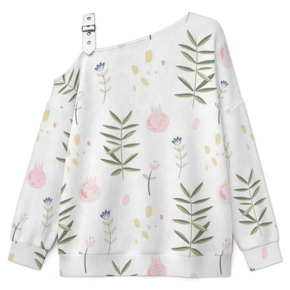 Off-the-shoulder Sweater Flowers Background  Asymmetric Cold Shoulder Knit Sweater for Women, Adjustable Buckle Strap Long Sleeve Casual Slouchy Pullover