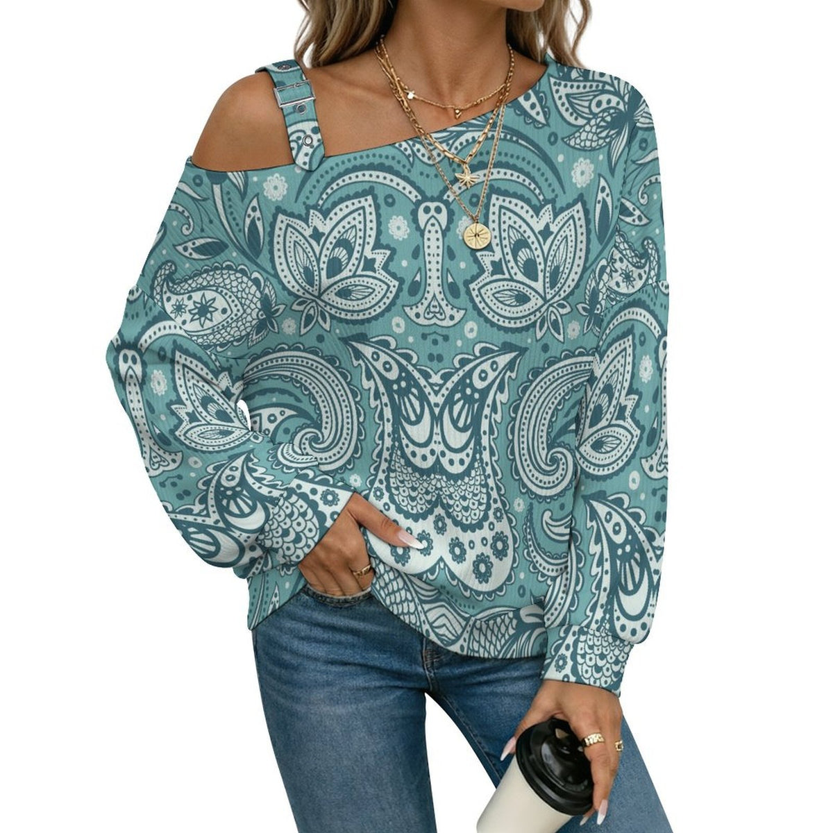 Paisley Fall Casual Asymmetric Shoulder Knit Top with Buckle Detail