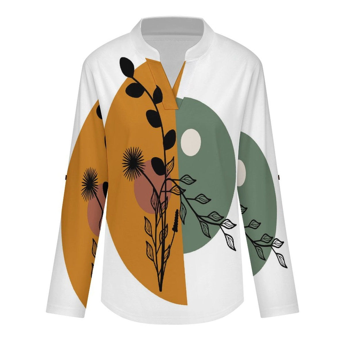 Stand-up Collar Long-sleeved Shirt Chinese Wind Scenery  Customization Women’s V-Neck Blouses,long Sleeve,Roll-Up Sleeve Shirt