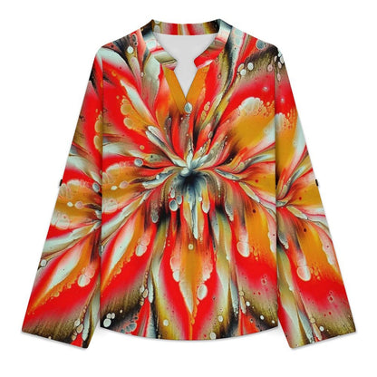 Stand-up Collar Long-sleeved Shirt Pattern  Customization Women’s V-Neck Blouses,long Sleeve,Roll-Up Sleeve Shirt