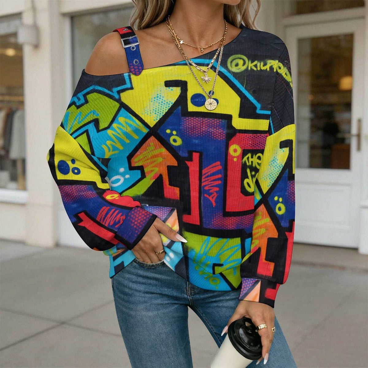 Off-the-shoulder Sweater Color Geometric Graffiti  Asymmetric Cold Shoulder Knit Sweater for Women, Adjustable Buckle Strap Long Sleeve Casual Slouchy Pullover