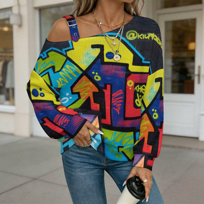 Off-the-shoulder Sweater Color Geometric Graffiti  Asymmetric Cold Shoulder Knit Sweater for Women, Adjustable Buckle Strap Long Sleeve Casual Slouchy Pullover