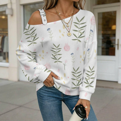 Off-the-shoulder Sweater Flowers Background  Asymmetric Cold Shoulder Knit Sweater for Women, Adjustable Buckle Strap Long Sleeve Casual Slouchy Pullover