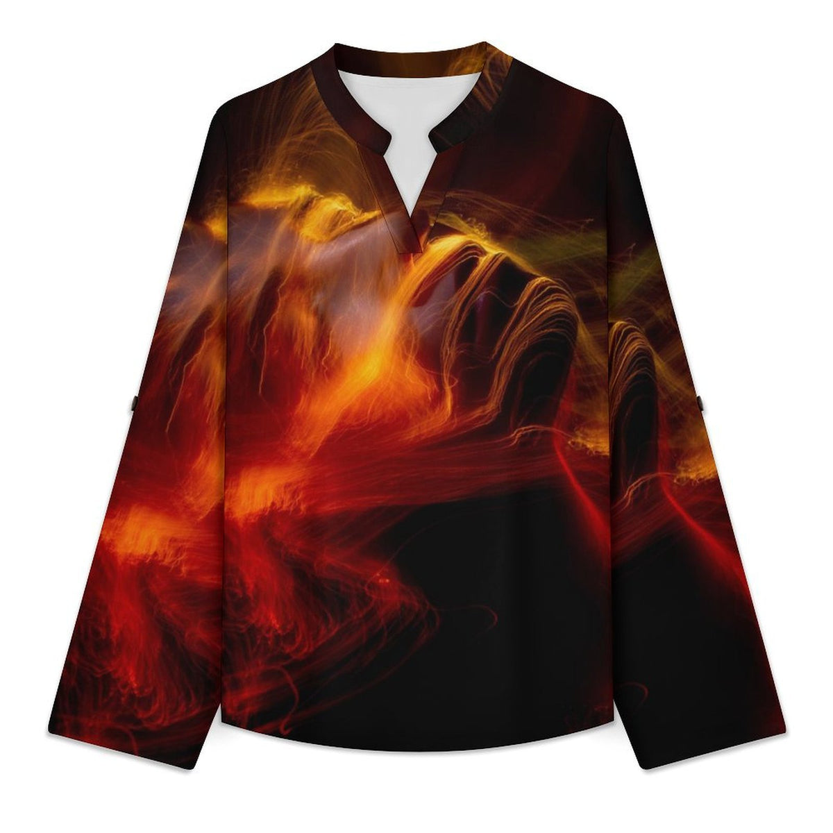 Stand-up Collar Long-sleeved Shirt Red Light  Customization Women’s V-Neck Blouses,long Sleeve,Roll-Up Sleeve Shirt