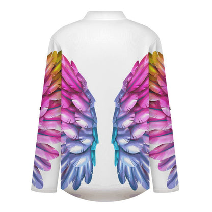 Stand-up Collar Long-sleeved Shirt Colorful Wings, Dreams  Customization Women’s V-Neck Blouses,long Sleeve,Roll-Up Sleeve Shirt