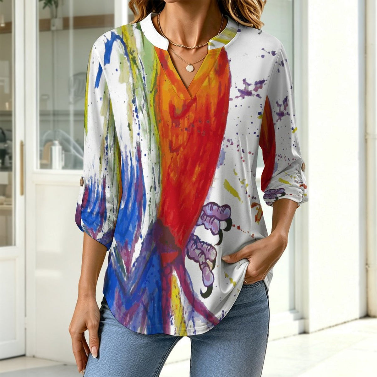 Stand-up Collar Long-sleeved Shirt Painting, Parrot  Customization Women’s V-Neck Blouses,long Sleeve,Roll-Up Sleeve Shirt
