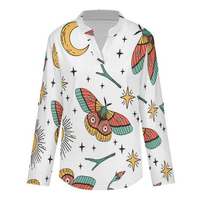 Stand-up Collar Long-sleeved Shirt Color, Butterfly, Pattern  Customization Women’s V-Neck Blouses,long Sleeve,Roll-Up Sleeve Shirt