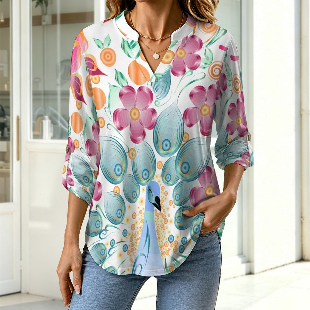 Stand-up Collar Long-sleeved Shirt Peacock Butterfly Flower  Customization Women’s V-Neck Blouses,long Sleeve,Roll-Up Sleeve Shirt