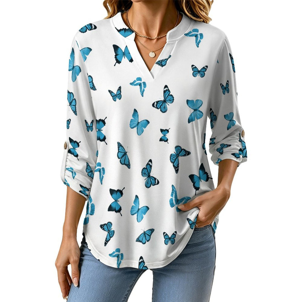 Stand-up Collar Long-sleeved Shirt Repeating Pattern, Butterfly, Blue  Customization Women’s V-Neck Blouses,long Sleeve,Roll-Up Sleeve Shirt