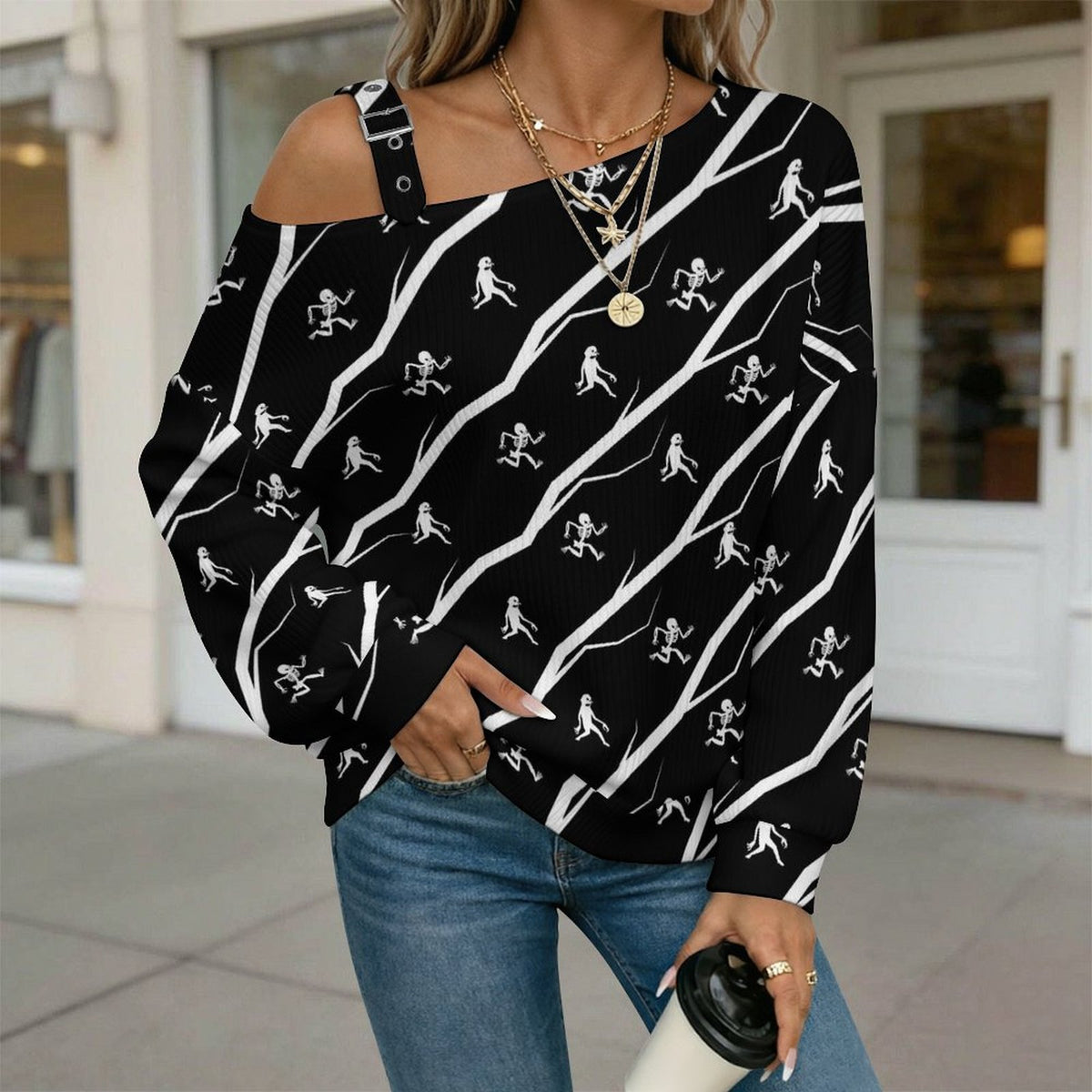 Off-the-shoulder Sweater Running Skeleton,Halloween  Asymmetric Cold Shoulder Knit Sweater for Women, Adjustable Buckle Strap Long Sleeve Casual Slouchy Pullover