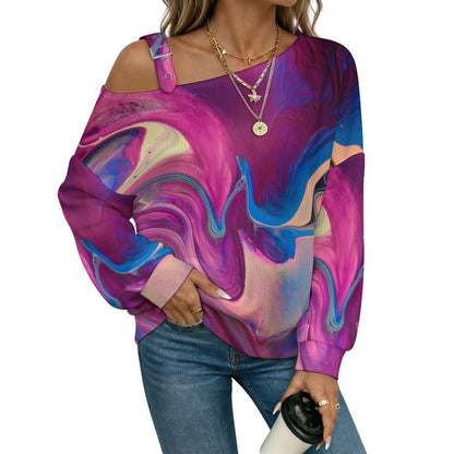 Off-the-shoulder Sweater Color Shading, Pattern, Abstract  Asymmetric Cold Shoulder Knit Sweater for Women, Adjustable Buckle Strap Long Sleeve Casual Slouchy Pullover