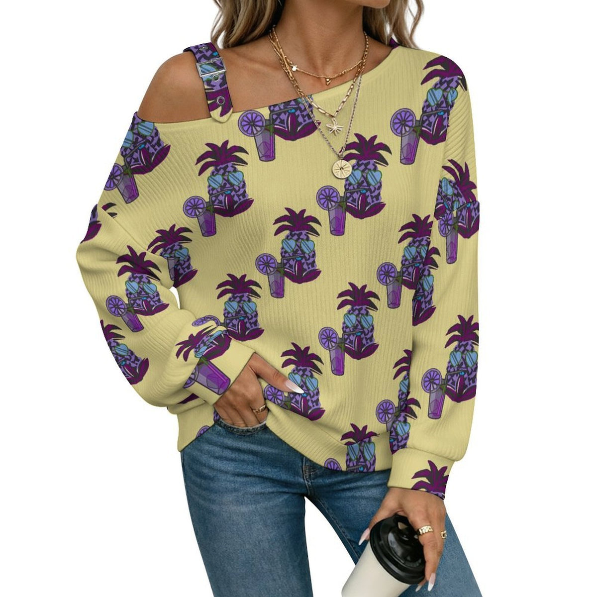 Purple Pineapple, Beverage, Pattern Buckle Strap Asymmetrical Off Shoulder Knit Sweater