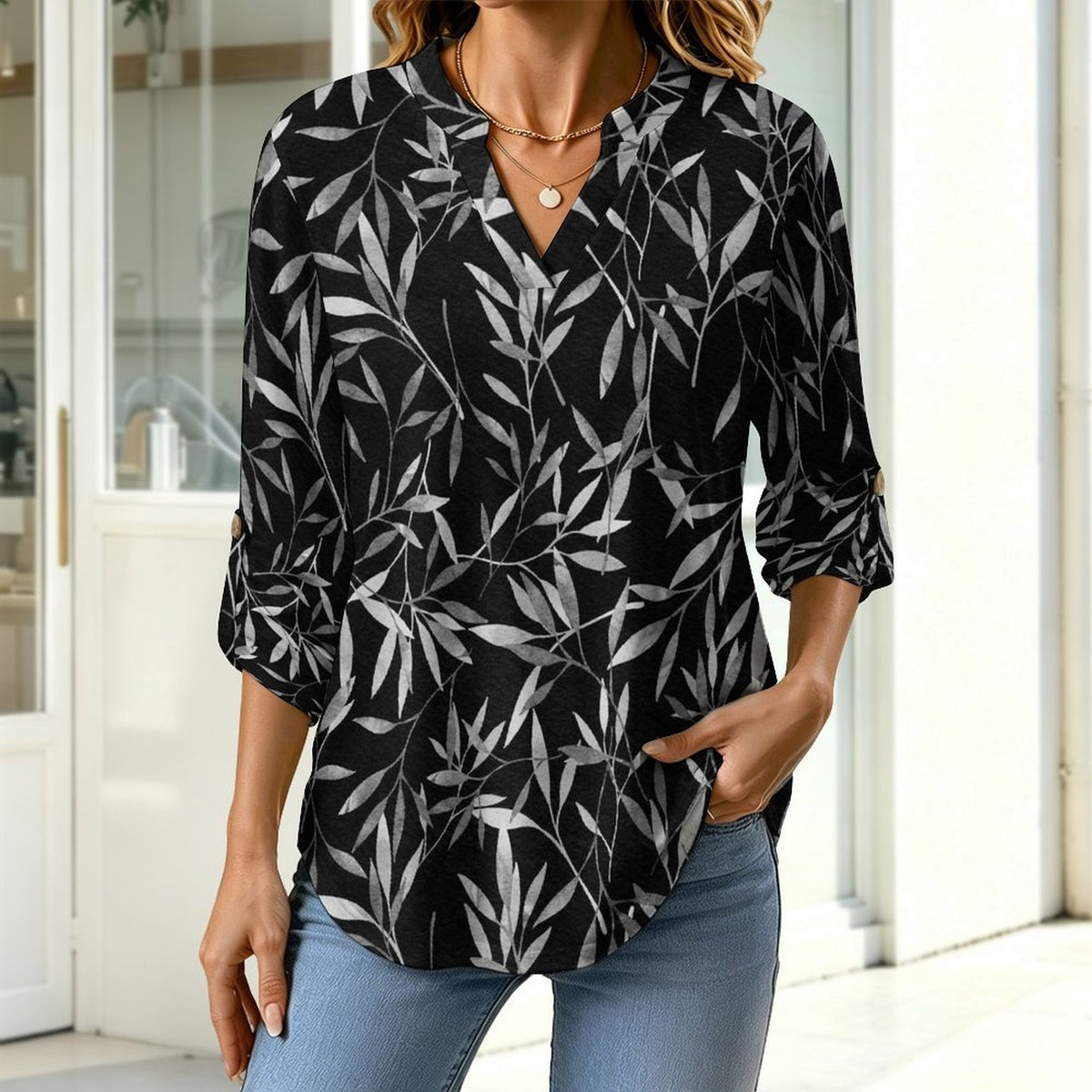 Stand-up Collar Long-sleeved Shirt Plant Leaf  Customization Women’s V-Neck Blouses,long Sleeve,Roll-Up Sleeve Shirt