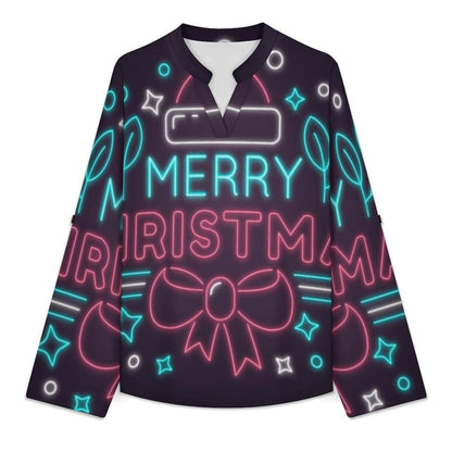 Stand-up Collar Long-sleeved Shirt Merry Christmas  Customization Women’s V-Neck Blouses,long Sleeve,Roll-Up Sleeve Shirt
