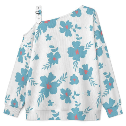 Off-the-shoulder Sweater Floral Pattern  Asymmetric Cold Shoulder Knit Sweater for Women, Adjustable Buckle Strap Long Sleeve Casual Slouchy Pullover