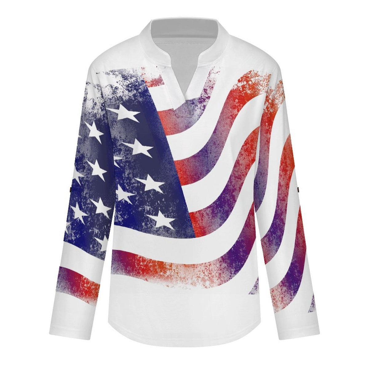 Stand-up Collar Long-sleeved Shirt National Flag, History, War  Customization Women’s V-Neck Blouses,long Sleeve,Roll-Up Sleeve Shirt