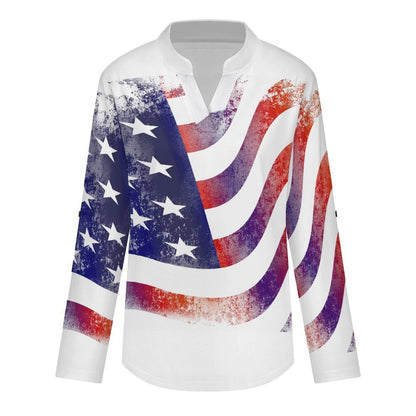 Stand-up Collar Long-sleeved Shirt National Flag, History, War  Customization Women’s V-Neck Blouses,long Sleeve,Roll-Up Sleeve Shirt
