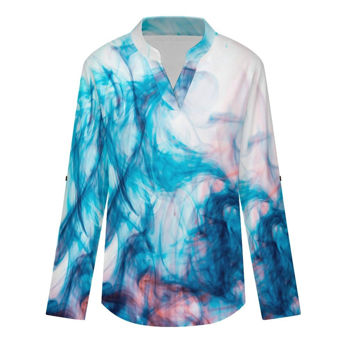 Stand-up Collar Long-sleeved Shirt Blue Smoke  Customization Women’s V-Neck Blouses,long Sleeve,Roll-Up Sleeve Shirt