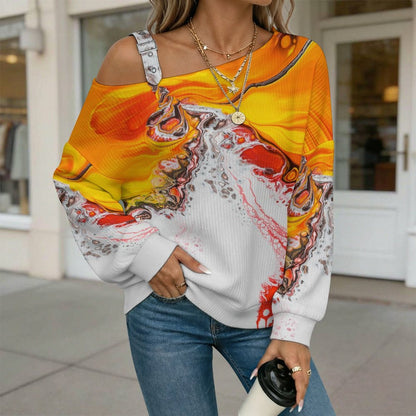 Off-the-shoulder Sweater Yellow, Red, Black, Water Ripple  Asymmetric Cold Shoulder Knit Sweater for Women, Adjustable Buckle Strap Long Sleeve Casual Slouchy Pullover