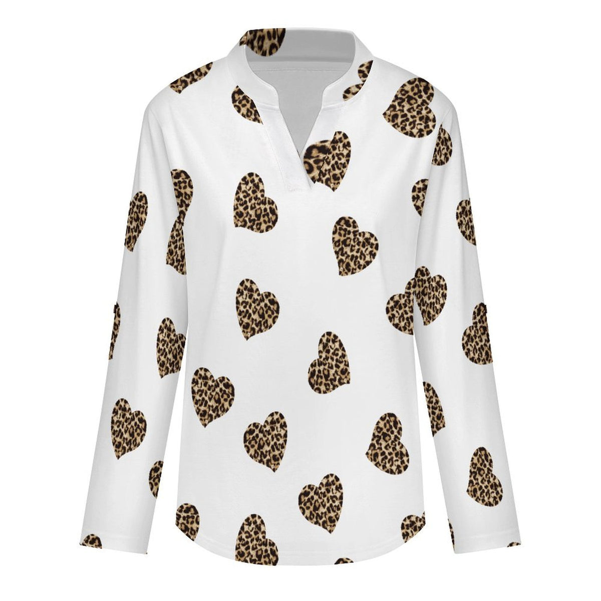 Stand-up Collar Long-sleeved Shirt Peach Heart Leopard Grain  Customization Women’s V-Neck Blouses,long Sleeve,Roll-Up Sleeve Shirt
