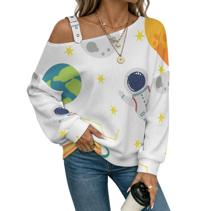 Off-the-shoulder Sweater Tile Pattern-Universe-Space-Cute-Astronaut-Planet  Asymmetric Cold Shoulder Knit Sweater for Women, Adjustable Buckle Strap Long Sleeve Casual Slouchy Pullover