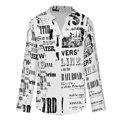 Newspaper Vintage Dress  Women Curved Hem V Neck Roll Sleeve Casual Work Top