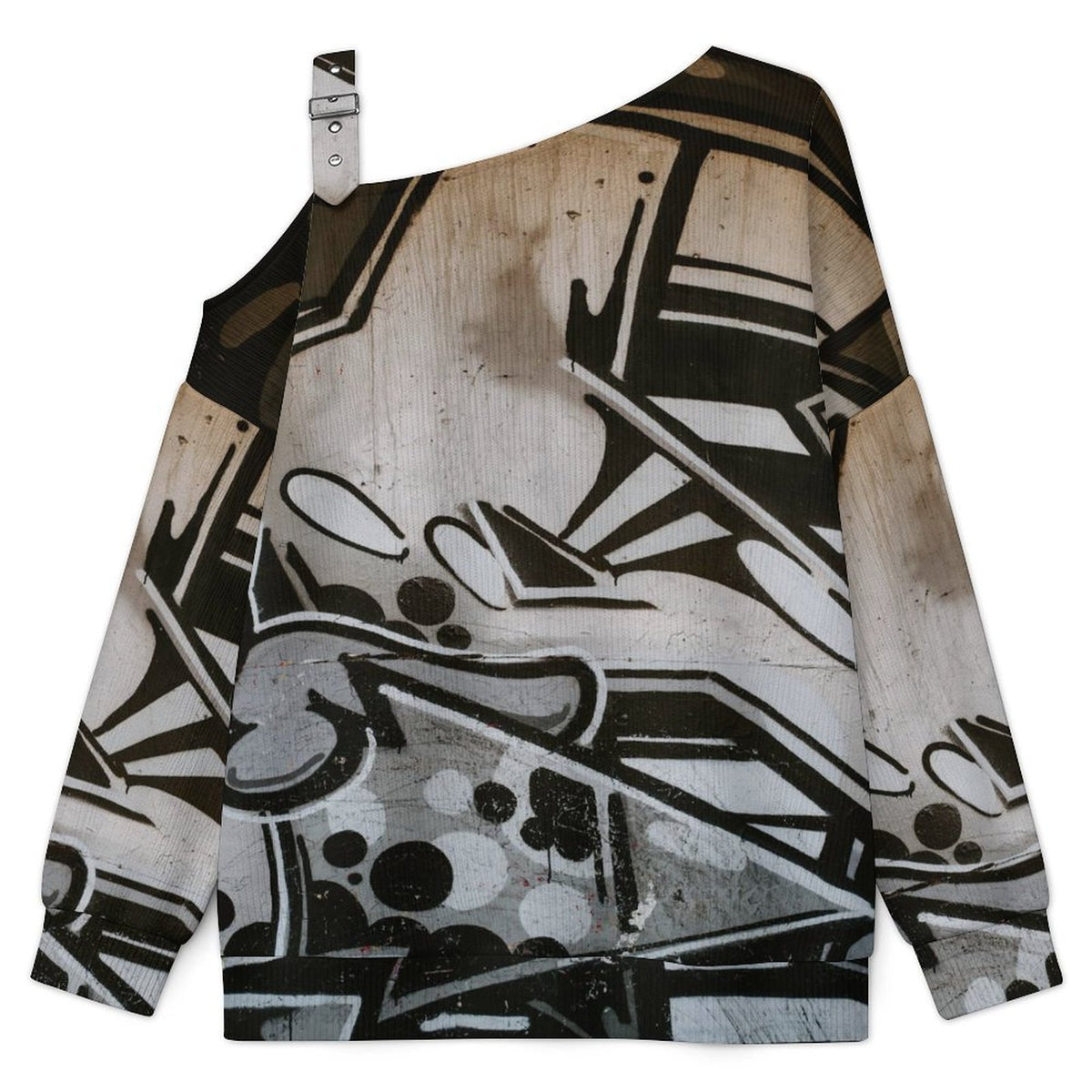 Off-the-shoulder Sweater Black And White Geometric Puzzle  Asymmetric Cold Shoulder Knit Sweater for Women, Adjustable Buckle Strap Long Sleeve Casual Slouchy Pullover