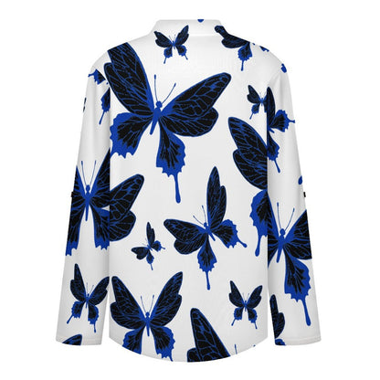 Stand-up Collar Long-sleeved Shirt Butterfly Good Luck Repeat Pattern  Customization Women’s V-Neck Blouses,long Sleeve,Roll-Up Sleeve Shirt