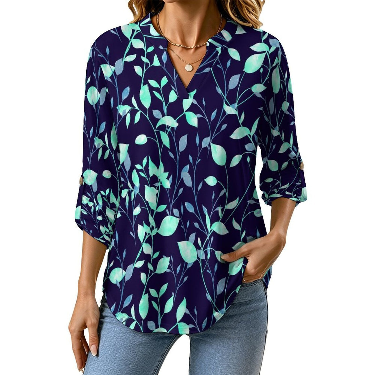 Stand-up Collar Long-sleeved Shirt Flower  Customization Women’s V-Neck Blouses,long Sleeve,Roll-Up Sleeve Shirt