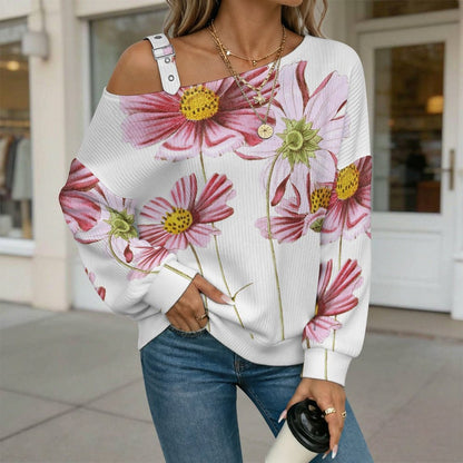 Off-the-shoulder Sweater Fleurs Des Cosmos Dessin  Asymmetric Cold Shoulder Knit Sweater for Women, Adjustable Buckle Strap Long Sleeve Casual Slouchy Pullover